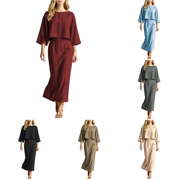 XIAONU Womens Two Piece Outfit Set Cropped 3/4 Sleeve Top High Waist Midi Skirt Matching Suit