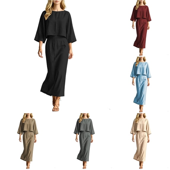 XIAONU Womens Two Piece Outfit Set Cropped 3/4 Sleeve Top High Waist Midi Skirt Matching Suit