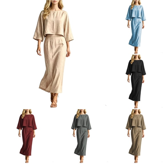 XIAONU Womens Two Piece Outfit Set Cropped 3/4 Sleeve Top High Waist Midi Skirt Matching Suit