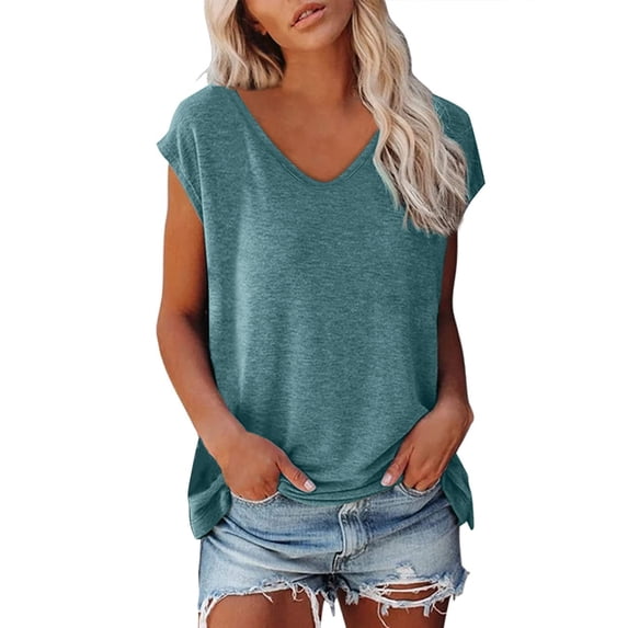 XIAONU Womens V Neck Cap Sleeve Loose Fit Casual T Shirt Solid Color Lightweight Soft Tee Daily Wear