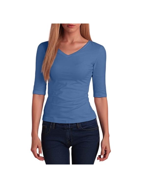 Womens V Neck Fitted T Shirt Elbow Sleeve Pullover Tee Breathable Casual Everyday Tees