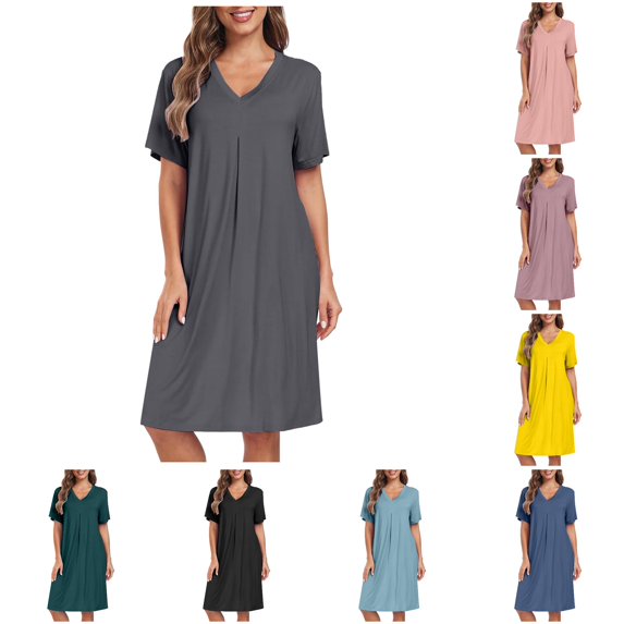 XIAONU Womens V Neck Nightgown Short Sleeve Loose Midi Dress Sleep Home Garment