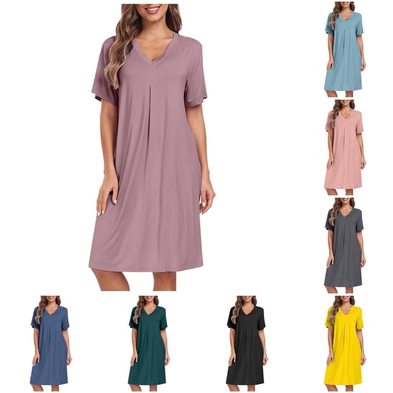 XIAONU Womens V Neck Nightgown Short Sleeve Loose Midi Dress Sleep Home Garment