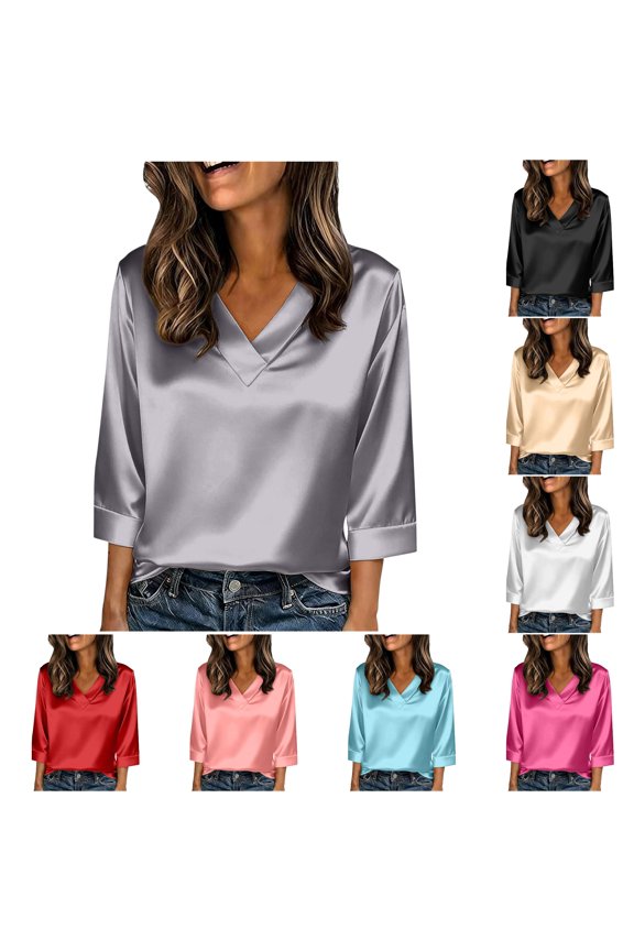 Womens V Neck Satin Blouse Three Quarter Sleeve Curved Hem Urban Daily Tops