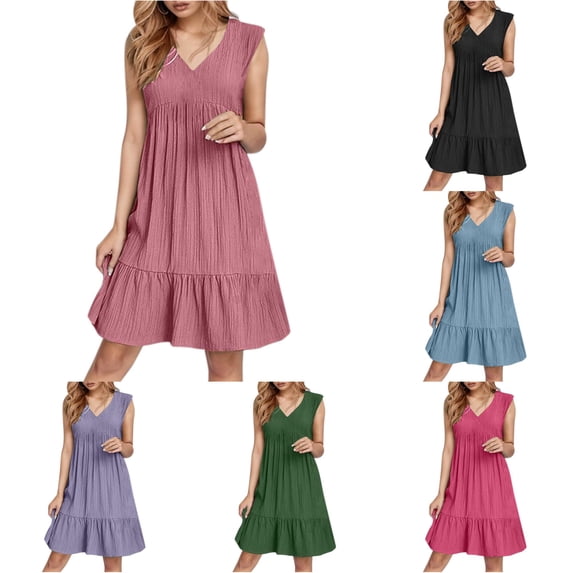 XIAONU Womens V Neck Sleeveless Ruffle Mini Dress Loose Casual Summer Dress