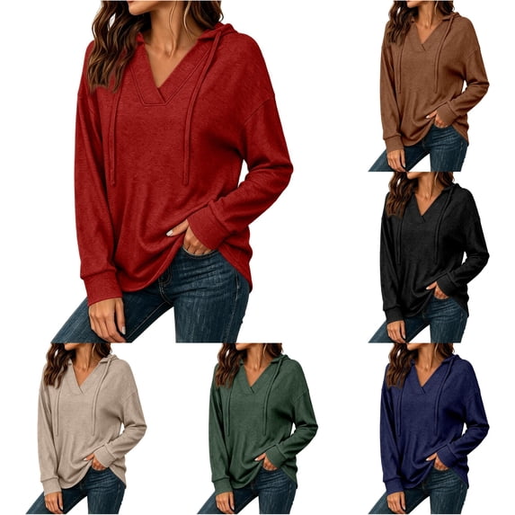 XIAONU Womens V Neck Solid Hoodie Loose Gym Errands Long Sleeve Pullover Top