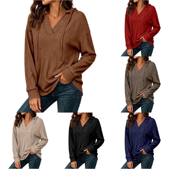 XIAONU Womens V Neck Solid Hoodie Loose Gym Errands Long Sleeve Pullover Top