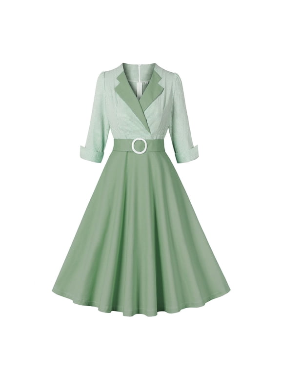 Womens Vintage Gingham Swing Dress Blazer Collar Three Quarter Sleeve Belted Midi Dresses