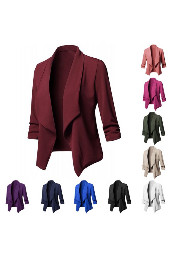Womens Waterfall Lapel Blazer Ruched Sleeve Office Meeting Open Front Suit Jacket