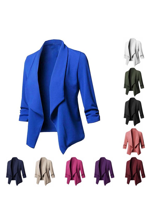 Womens Waterfall Lapel Blazer Ruched Sleeve Office Meeting Open Front Suit Jacket
