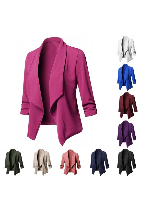 Womens Waterfall Lapel Blazer Ruched Sleeve Office Meeting Open Front Suit Jacket