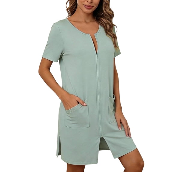 XIAONU Womens Zip Front Short Sleeve Nightgown with Pockets Soft Loungewear Home Sleepwear Dress