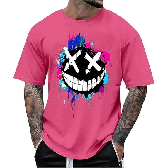 XIAONU XX Smiley Graphic Tees For Men Short Sleeve Crew Neck Pullover Splatter Shirts Breathable Casual Tops For Daily Wear