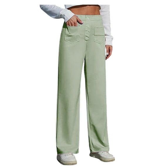 XIAONU Young Adult Pants High Waist Elasic Straight Leg Trousers Button Down Work Business Trousers With Pockets