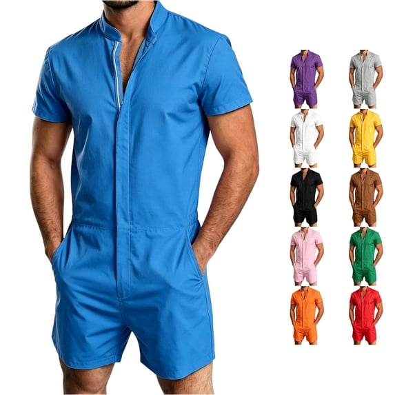 XIAONU Zip Front Short Sleeve Romper Jumpsuit For Men Stand Collar Relaxed Fit Casual Short Outfit