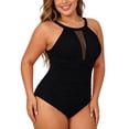 thumbnail image 1 of XIAONU oversize Women's Mesh Keyhole Ruched Swimwear Slim Fit Sleeveless Halter One Piece Swimsuit Stretchy Flattering Pool Swimsuits, 1 of 6