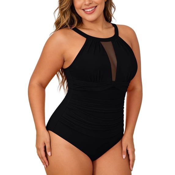 XIAONU oversize Women's Mesh Keyhole Ruched Swimwear Slim Fit Sleeveless Halter One Piece Swimsuit Stretchy Flattering Pool Swimsuits