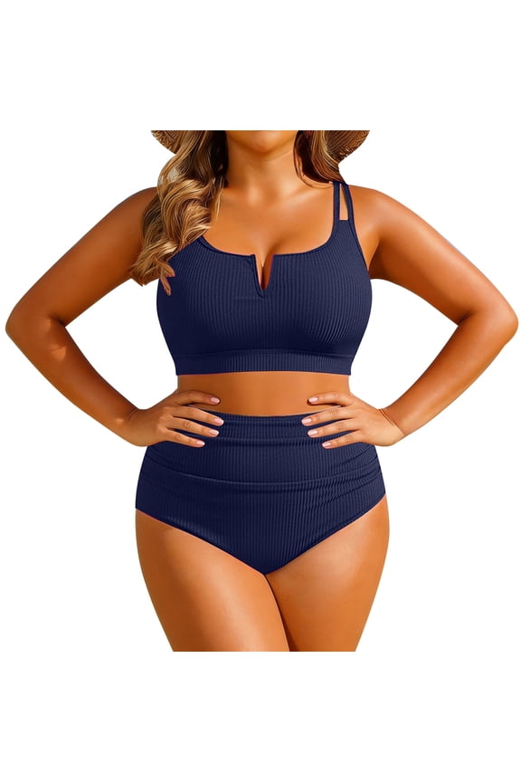 oversize Women's Ribbed V Bar Swimwear Slim Fit Sleeveless V Neck High Waisted Bikini Set Stretchy Supportive Beach Swimsuits