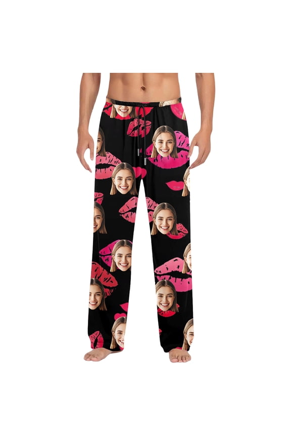 Men's Custom Photo Pink Lips Pajama Pants Elastic Waist Lounge Trousers Personalized Cozy Sleep Loungewear Pant
