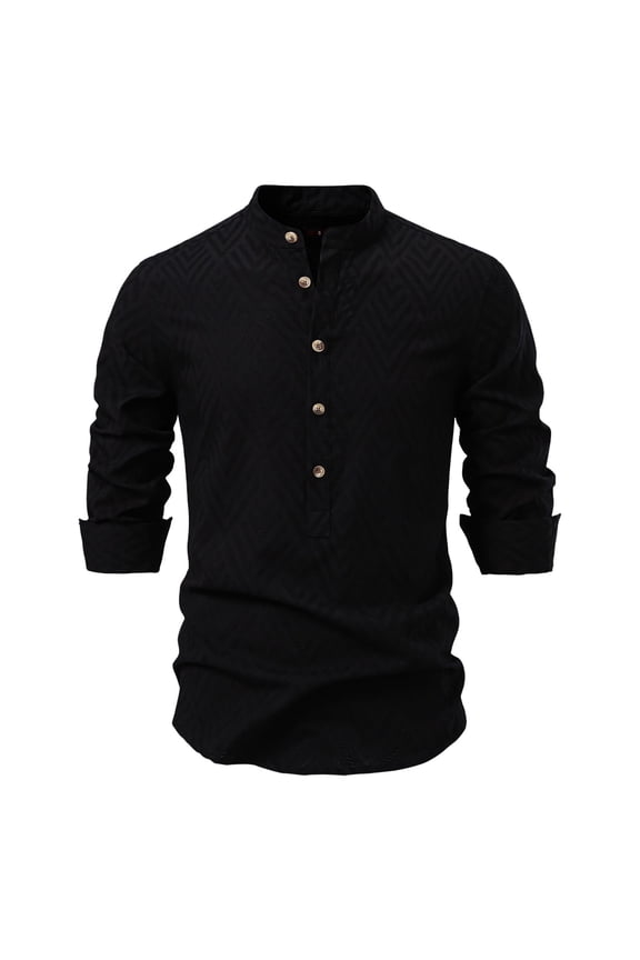 Mens Long-Sleeve Mandarin Collar Textured Shirt Slim-Fit Stylish Top Versatile Daily Office Evening Wear