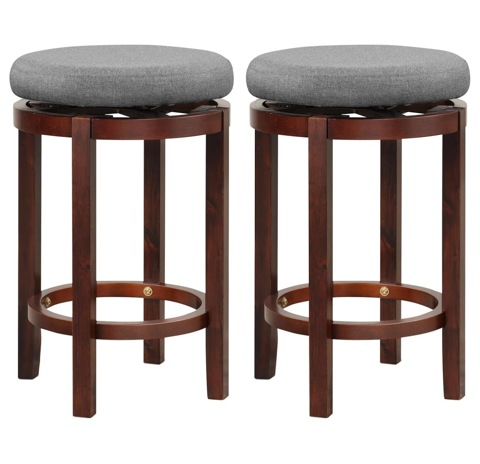 Gray Upholstered Swivel Backless Wooden Bar Stools, Set of 2