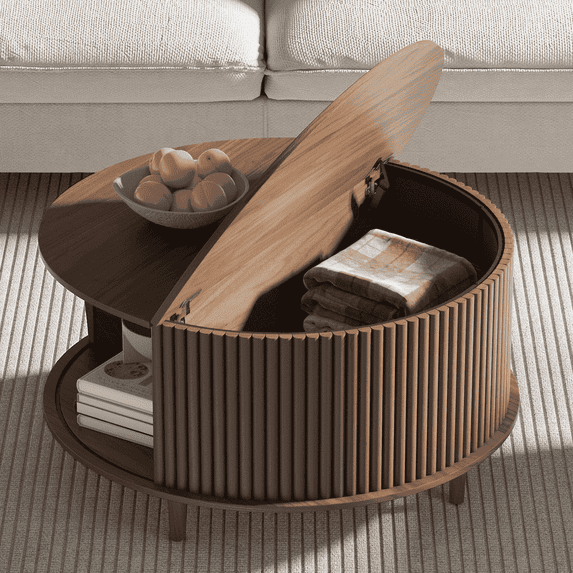 JOINICE Round Coffee Table with Storage and Sliding Door,Mid Century Modern Wooden Center Table,for Living Room,Walnut