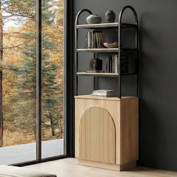 XIAOWEI 71" Arched Reeded 7-Tier Bookcase Natural Oak