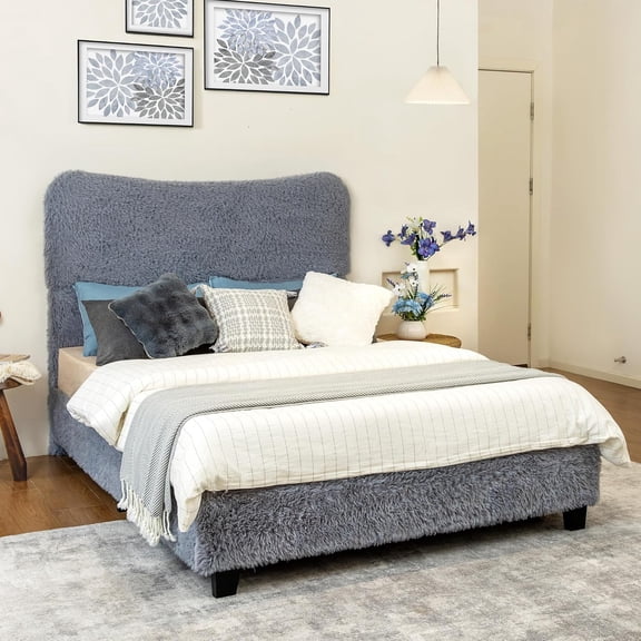 XIAOWEI FauxFur Queen Boucle Cloud, No Box Spring, Grey