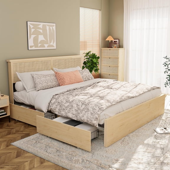 XIAOWEI King Rattan Bed 4Dr NoBoxSpring LightOak