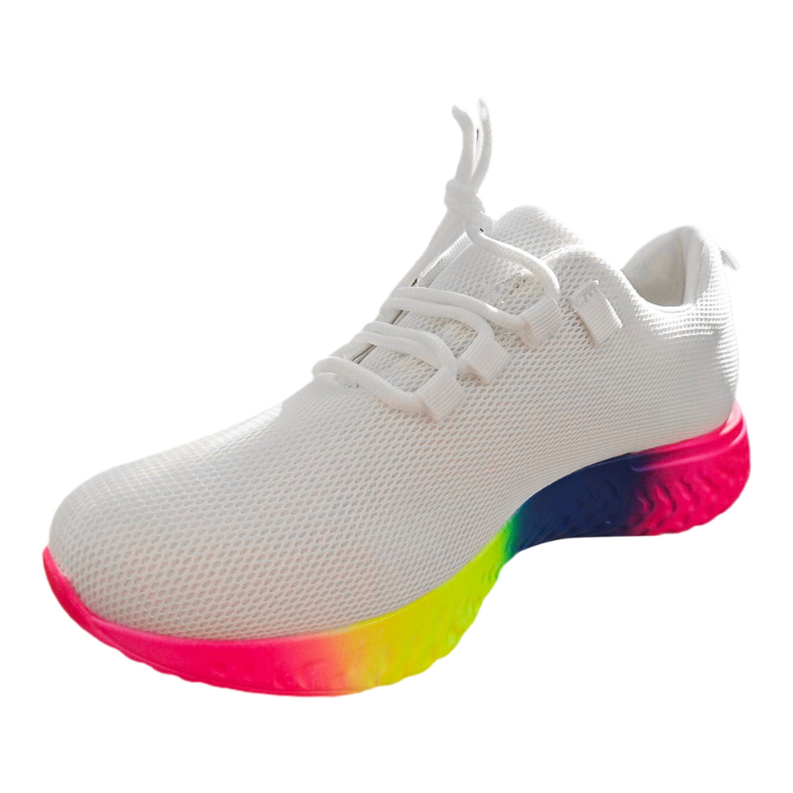 XIAQUJ 2023 Spring New European and American Large Rainbow Low Elastic  Single Shoe Women's Casual Thick Sole Lace up Knitted Sports Shoes Sneakers  for