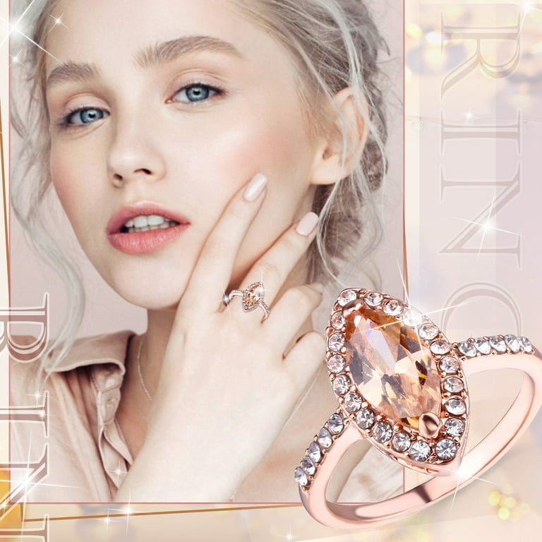 XIAQUJ Champagne Diamond Ring Elegant Rhinestone Ring Rose Gold Jewellery  Rings Women Fashion Full Diamond Zircon Rings for Women Size 6 10 Rings  Rose