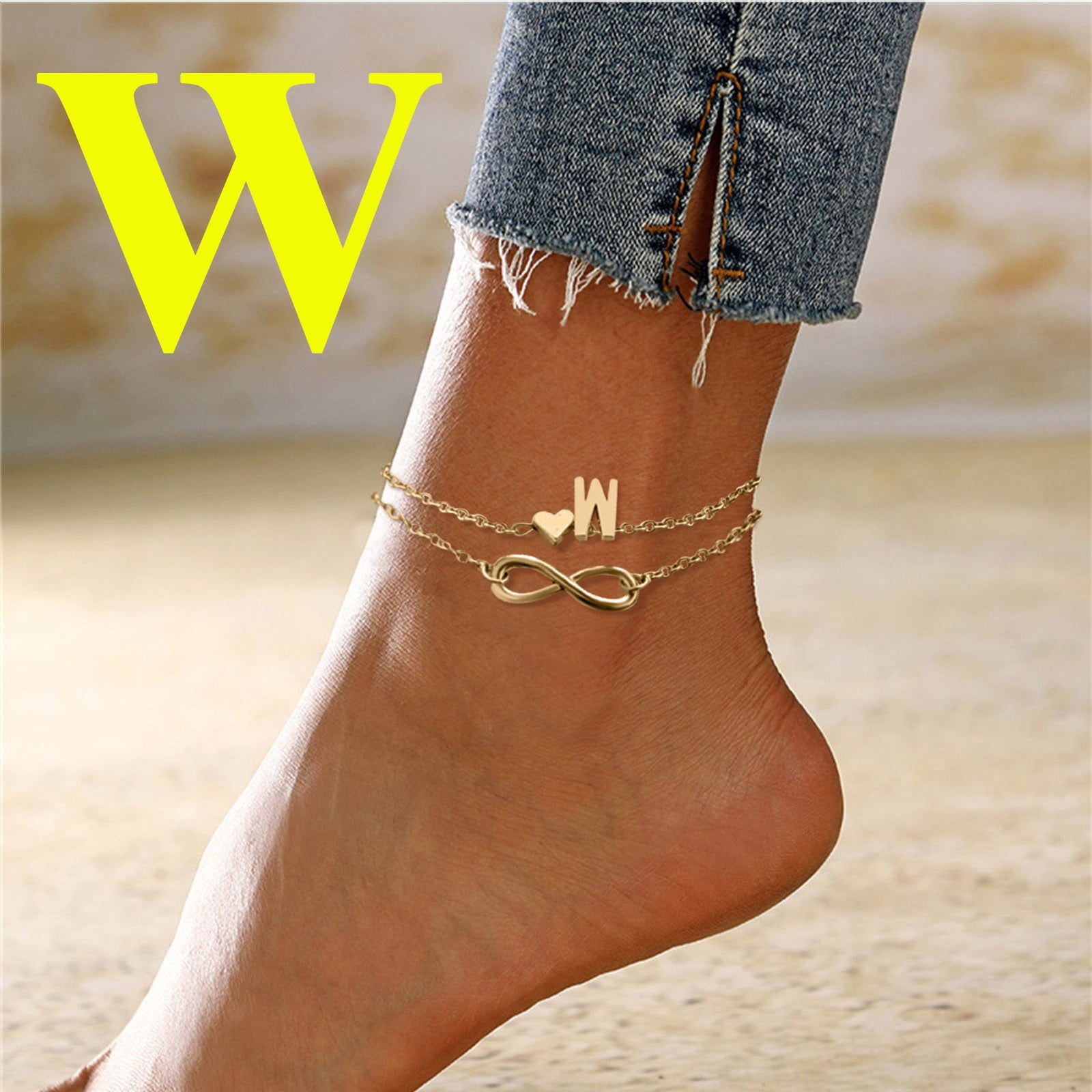 XIAQUJ Heart Layer Anklet Female Bracelets Letters Letters Chain