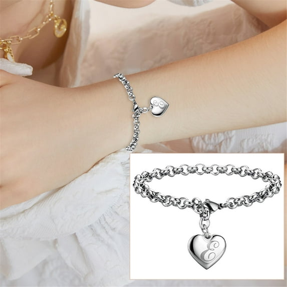 XIAQUJ Initial Charm Bracelets for Teen Girls Stainless Steel Heart Charm Bracelets for Women 26 Letters Alphabet Bracelet Jewelry Gifts for Teenage Girls Bracelets E
