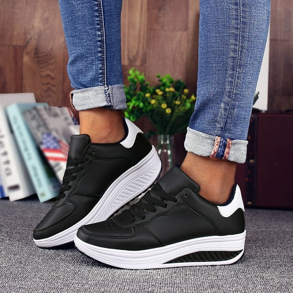 XIAQUJ Lace up Sports Mesh Walking Shoes Women Fashion Sneakers Comfort Wedge Platform Loafers Women's Fashion Sneakers Black 7.5(39)