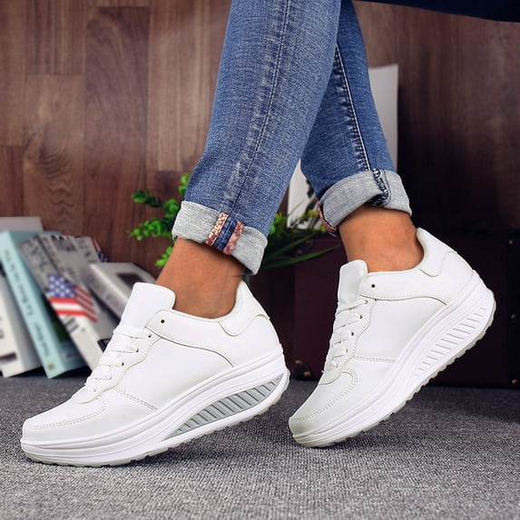 XIAQUJ Lace up Sports Mesh Walking Shoes Women Fashion Sneakers Comfort Wedge Platform Loafers Women's Fashion Sneakers White 8(40)
