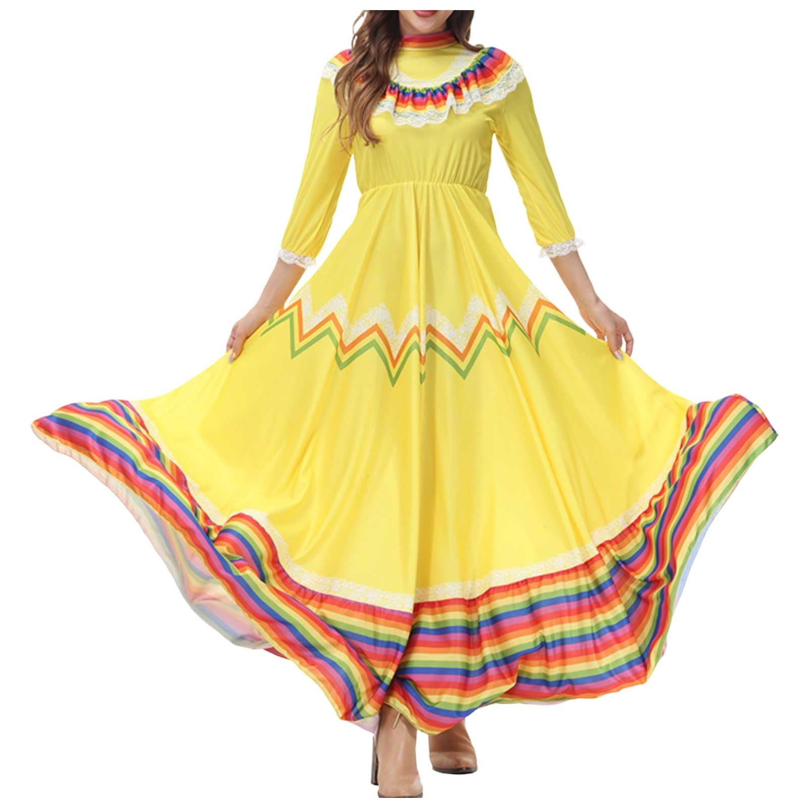 XIAQUJ Ladies Bohemian Casual Dress May Mexican Festival Celebration Long Wide Swing Dance Dress Stage Show Dress Boho Dresses for Women Yellow L