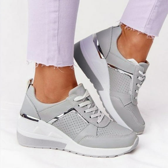XIAQUJ Ladies Summer Fashion Leather Lace up Round Head Breathable Thick Sole Casual Sports Shoes Women's Fashion Sneakers Grey 6.5(37)