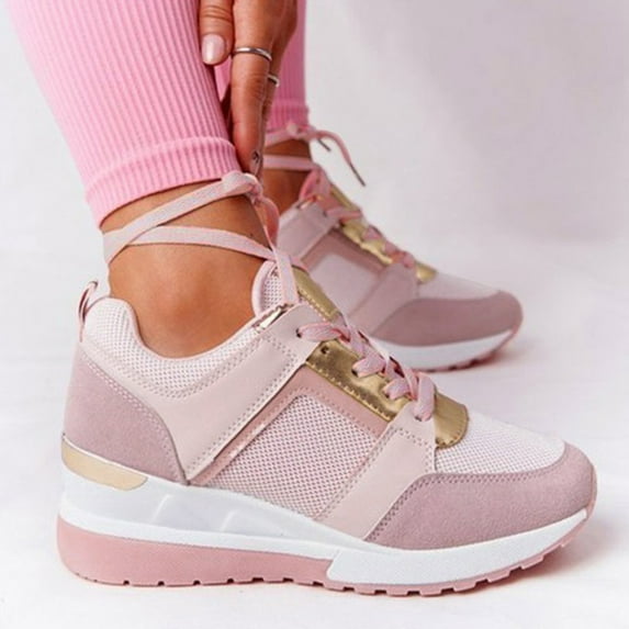 XIAQUJ Ladies Summer Fashion Leather Lace up Round Head Breathable Thick Sole Casual Sports Shoes Women's Fashion Sneakers Pink 6.5(37)