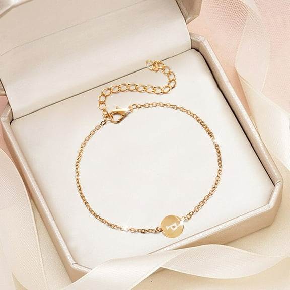 XIAQUJ Personalized in itial Bracelet 18K Gold Plated Stainless Steel Letter Bracelet Coin Charm Bracelet Delicate Disc Name Bracelet for Women Girls Bracelets P