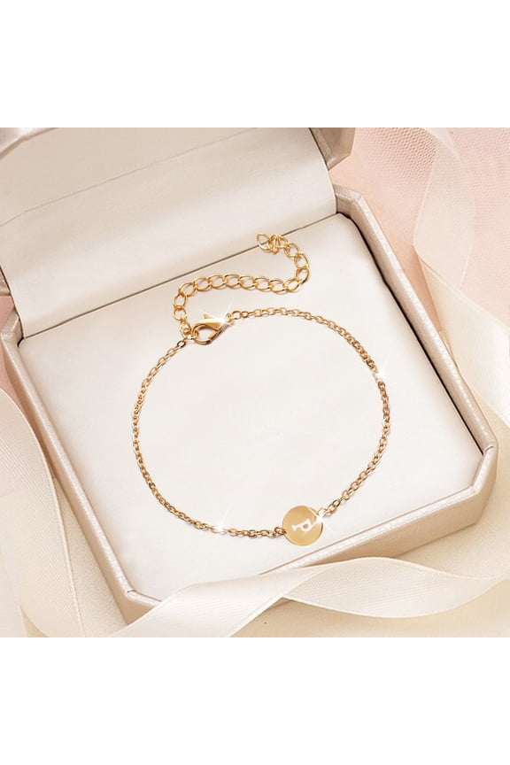 Personalized in itial Bracelet 18K Gold Plated Stainless Steel Letter Bracelet Coin Charm Bracelet Delicate Disc Name Bracelet for Women Girls Bracelets P