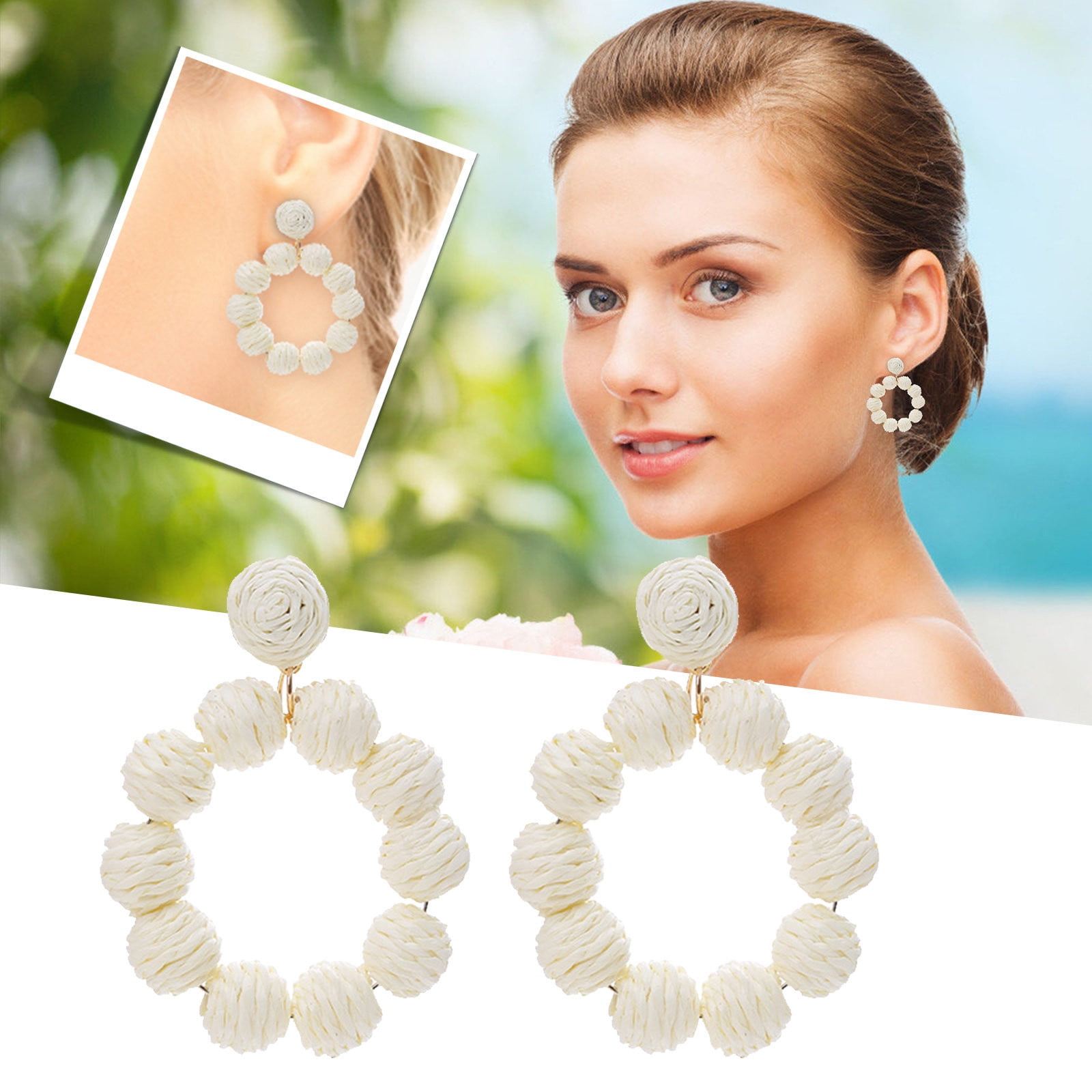 NLCAC 2 Pairs Rattan Earrings - Handwoven Boho Flower Drop Earrings For Summer, Beach & Tropical Style