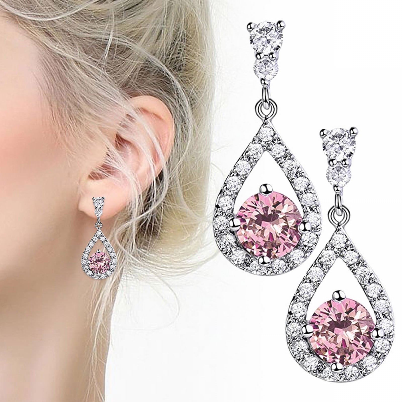 XIAQUJ Super Flash Pink Diamond Hollow Drop Shaped Earrings Women's High  End Small Temperament Pear Shaped Net Red Earrings Earrings Pink