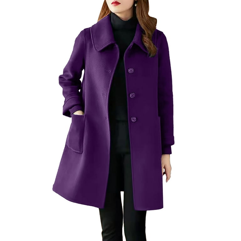 XIAQUJ Winter Coats for Women Casual Design Sense Turn down Collar Solid Color Long Coat with Pockets Purple XXL
