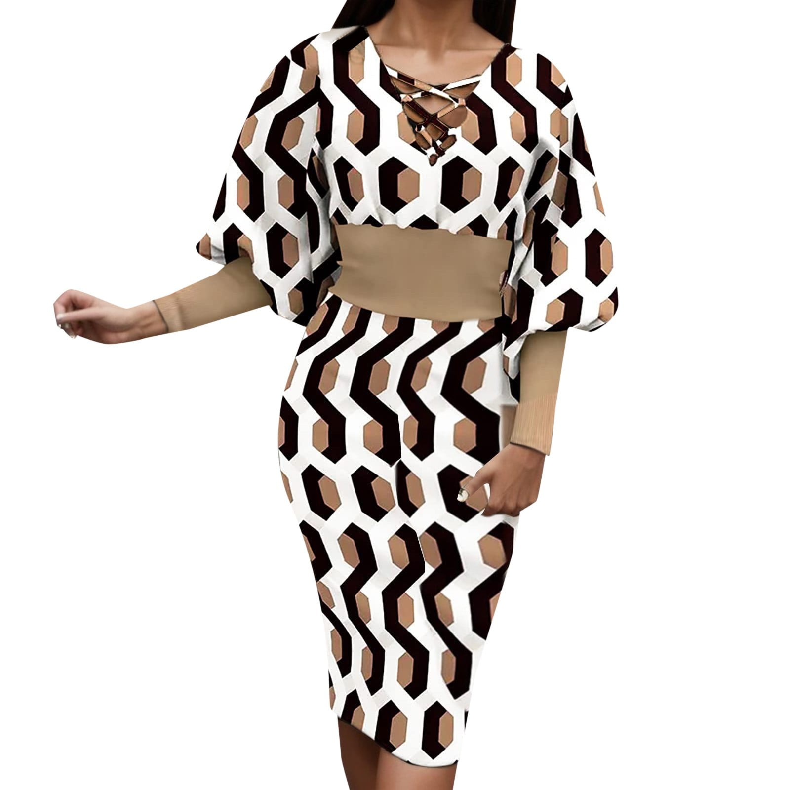 XIAQUJ Women Elegant Bodycon Dress Sexy V Neck Long Sleeve High Waist ...