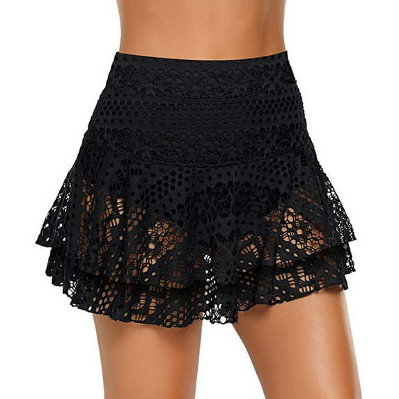 XIAQUJ Women Plus Size Bottom Running Swimwear Tankini Swim Beach Double Lace Crochet Skirted Mid Waist Bikini Bottom Swimsuit Short Skirt Black XXXL