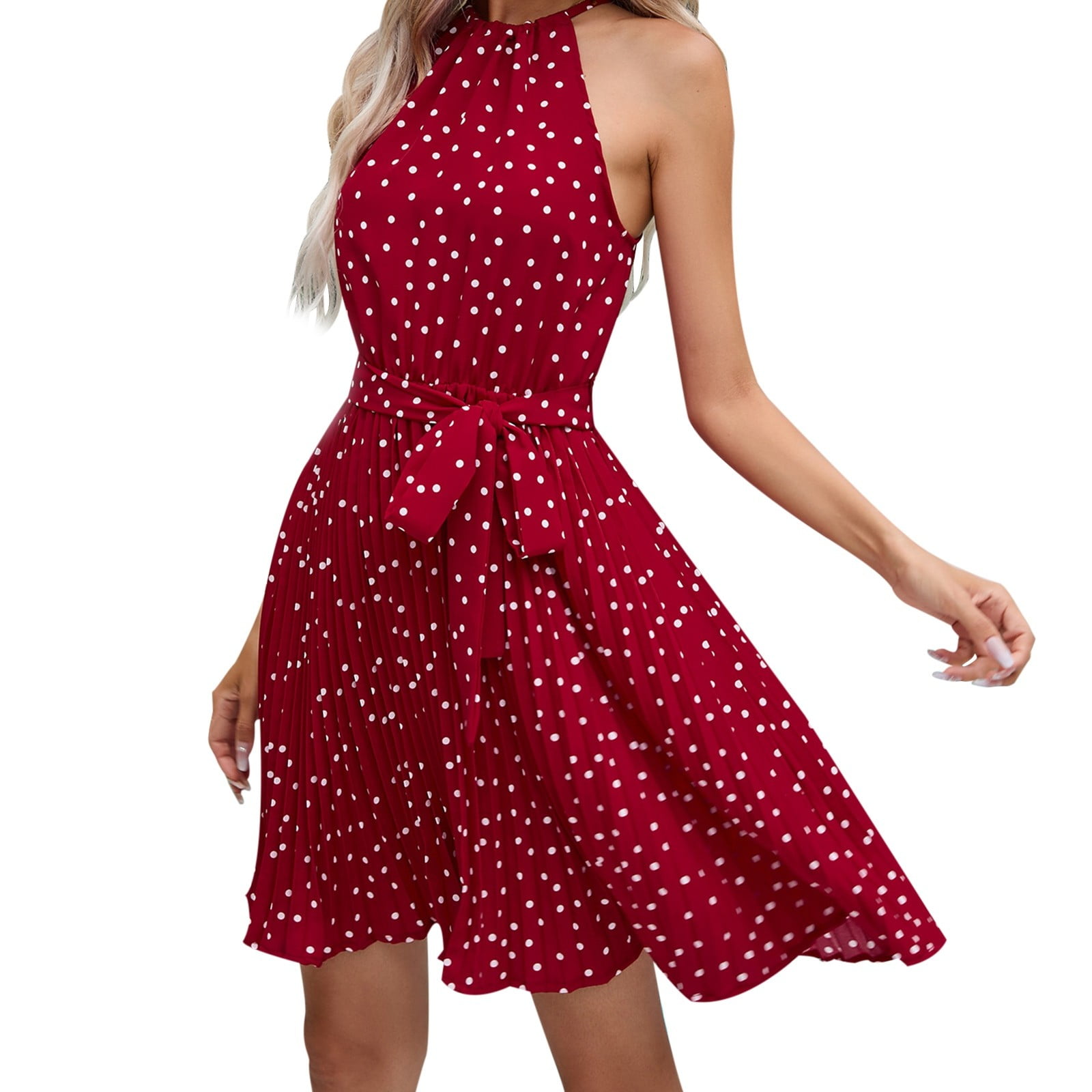 Xiaquj Women's Polka Dot Halterneck Short Skirt Sleeveless Tie Up Dress 