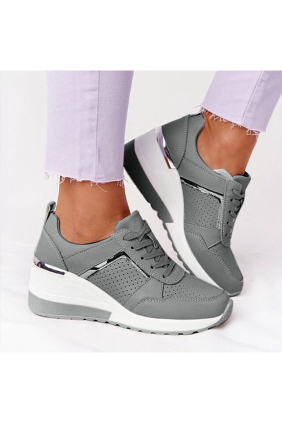 Women's Summer Lace-up Round Toe Breathable Platform Casual Sneakers Women's Fashion Sneakers Grey 7.5(38)
