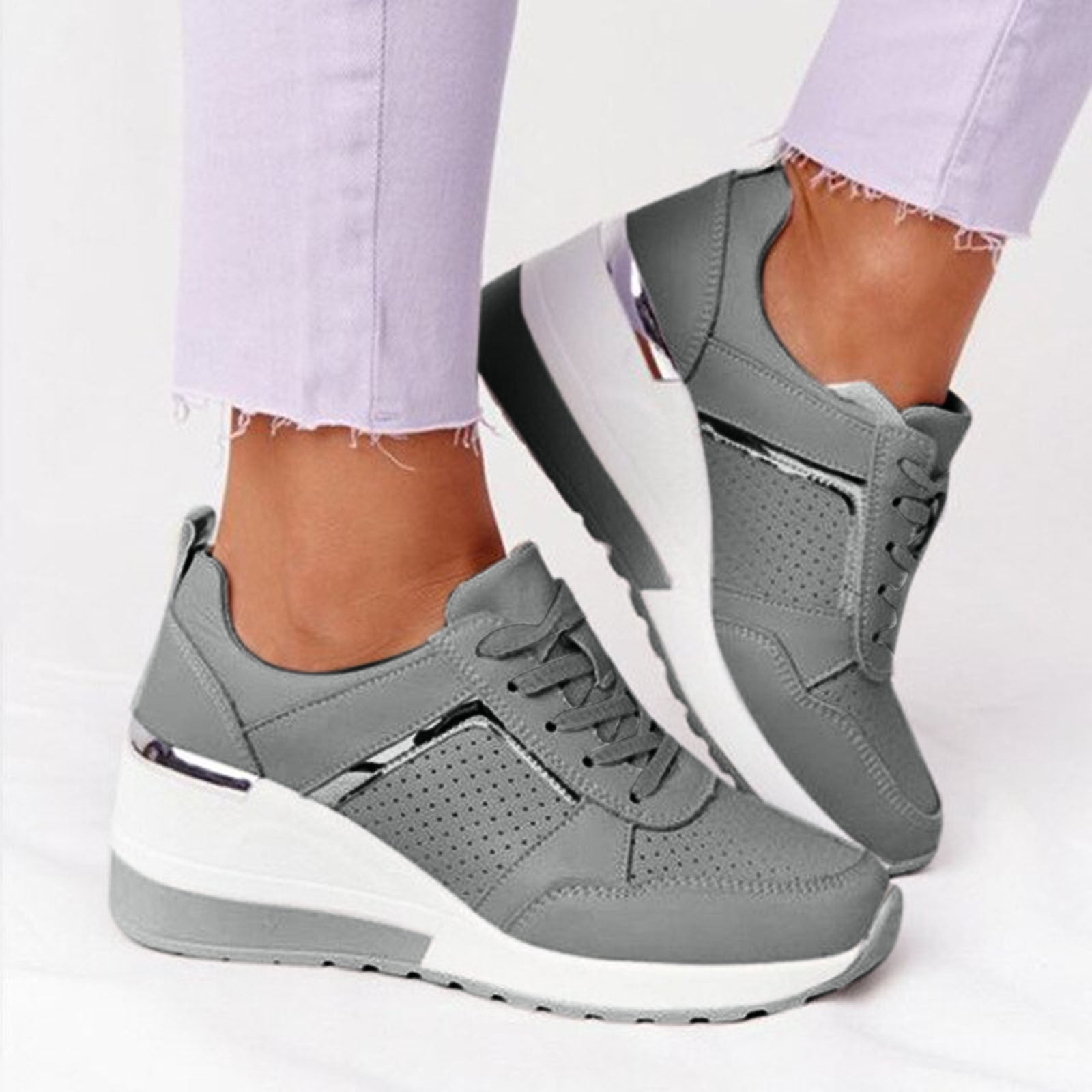PU Leather Lace Up Round Toe Platform Sneakers