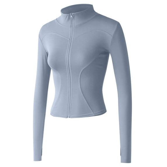 XIAQUJ Women's Yoga Activewear Zipper Front Sports Tops Long Sleeve Solid Color Sports Cropped Tops Light Blue M