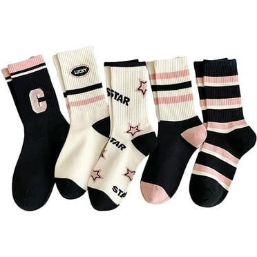 5 Pairs Colorful Striped Crew Socks For Women - Retro Vintage Cotton Socks